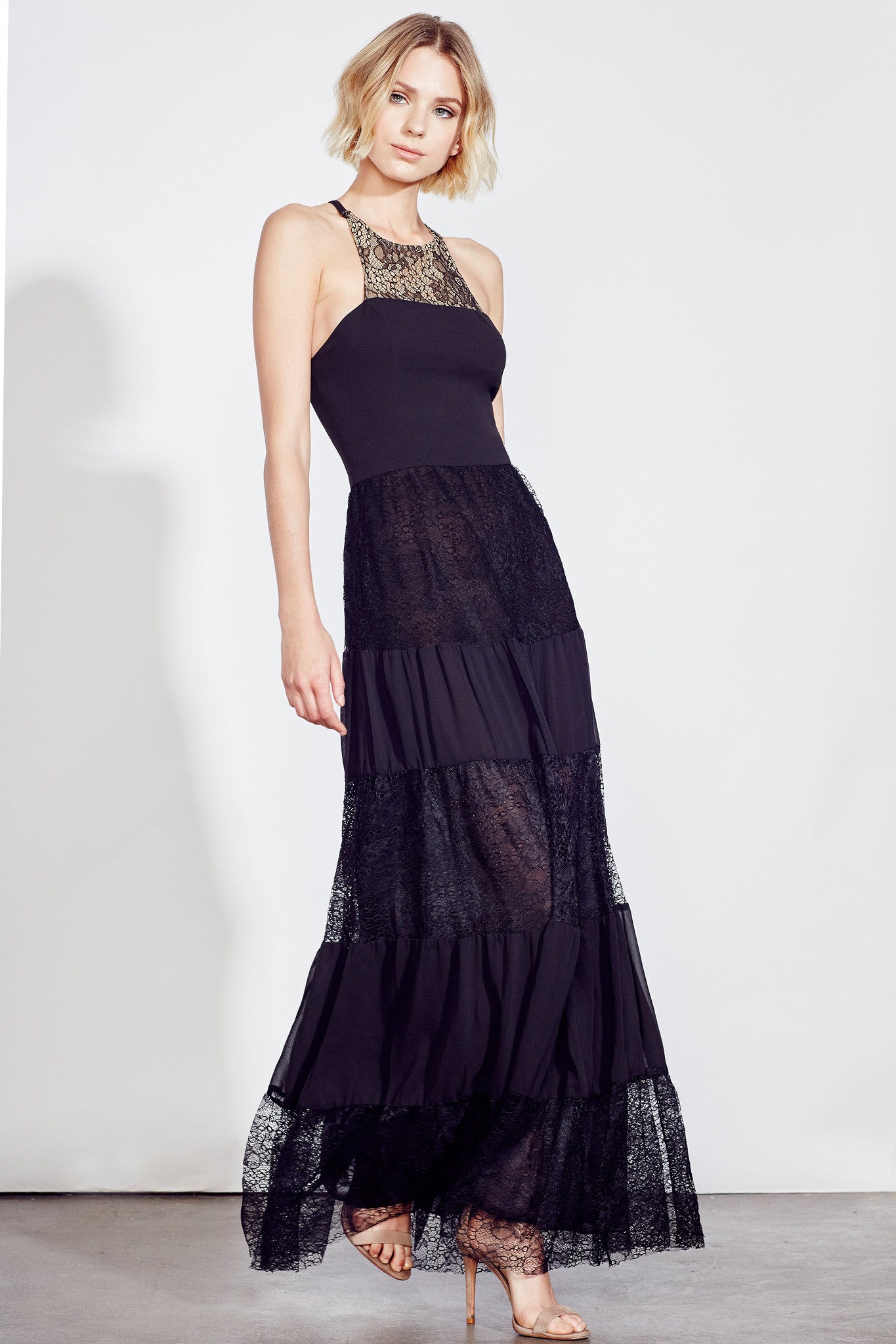 Lace Panel Gown in Black